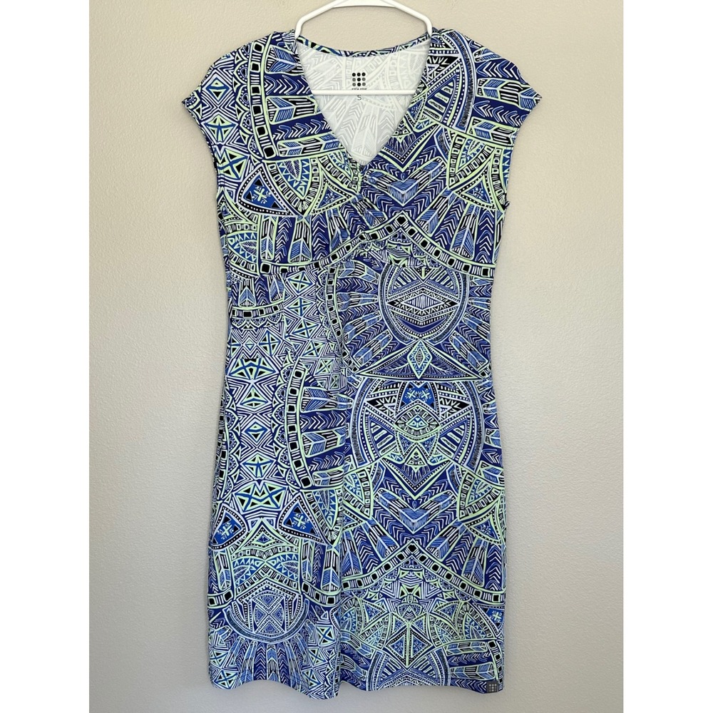 Title Nine Athletic Travel Dress Blue Geometric Print V Neck A-Line Size S